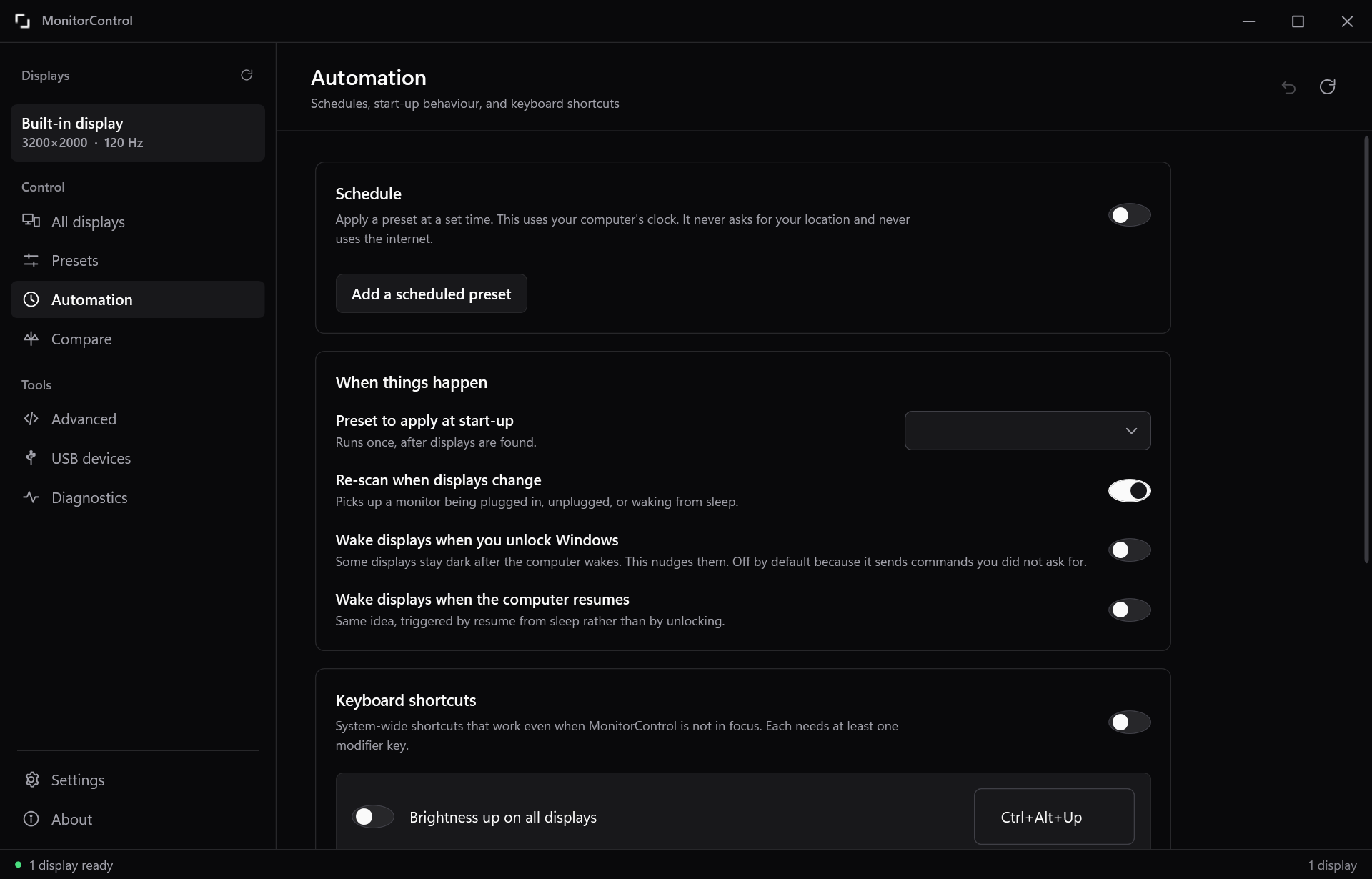 The automation page, showing a schedule for applying presets at set times, start-up behaviour, and keyboard shortcuts.