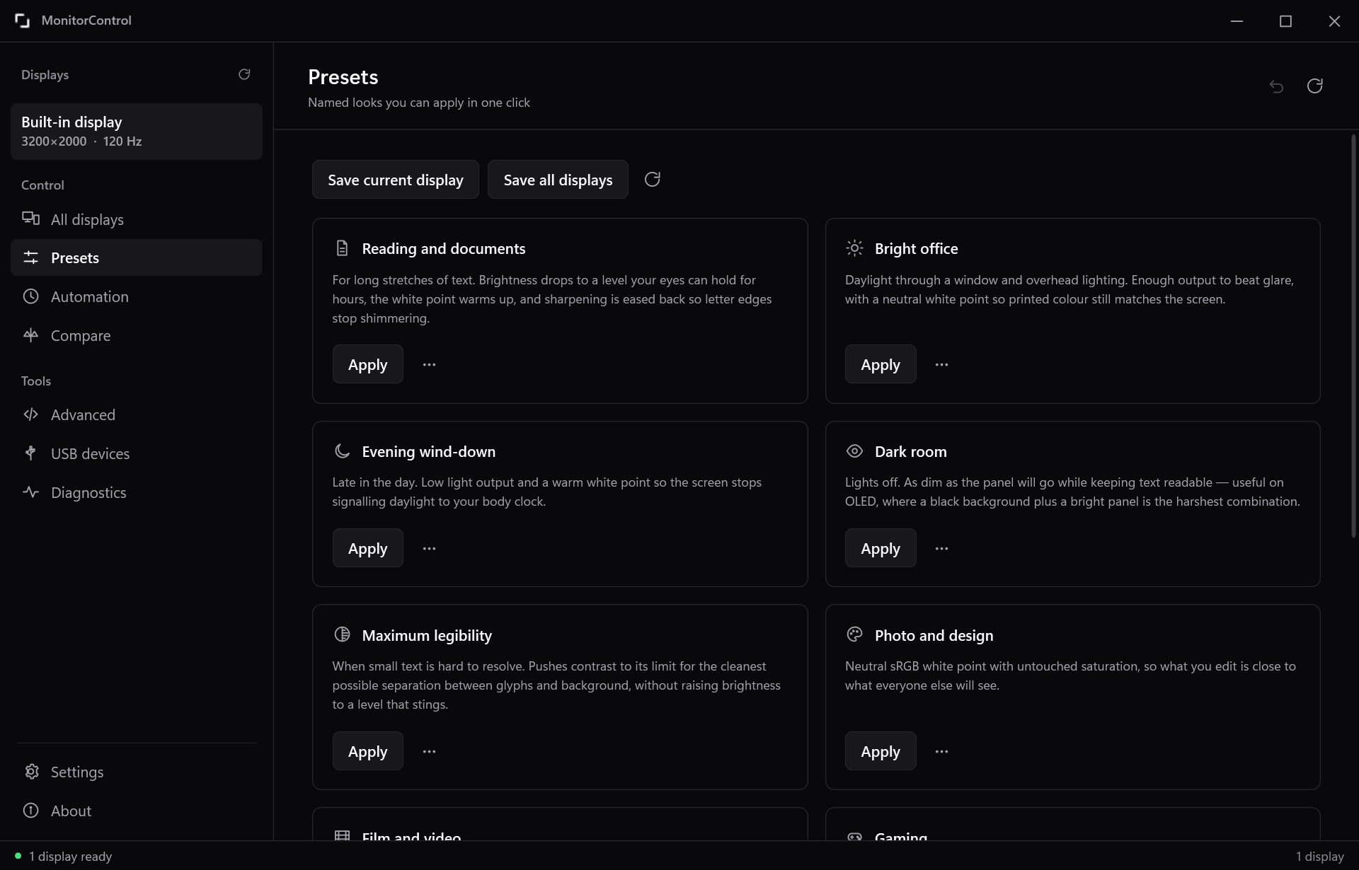 The presets page, showing cards for reading, bright office, evening wind-down and dark room, each with a short description and an Apply button.
