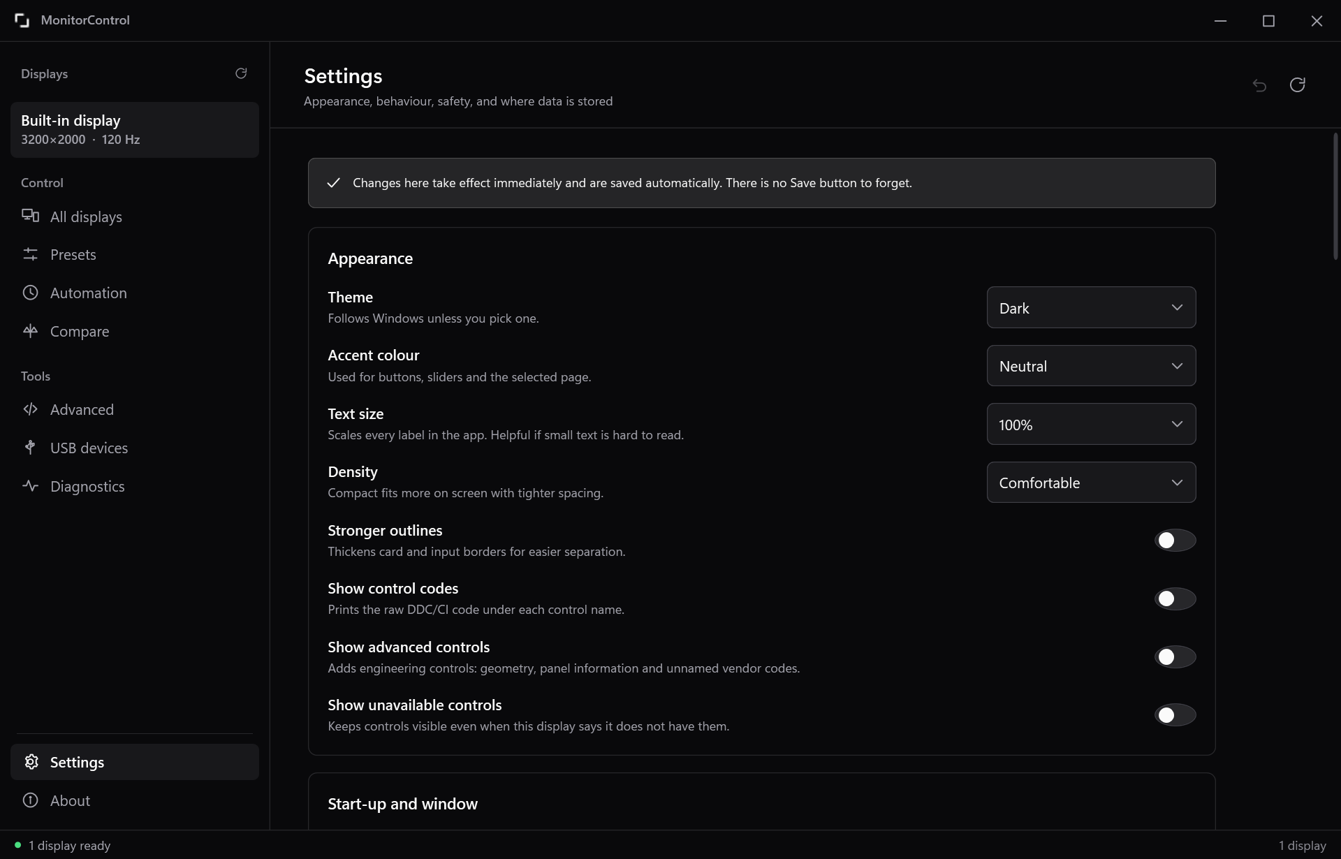 The settings page, showing theme, accent, text size and density with a short explanation under each one.